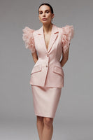 Load image into Gallery viewer, 2 Piece Pink Bodycon Notched Lapel Short Business Suits with Ruffles