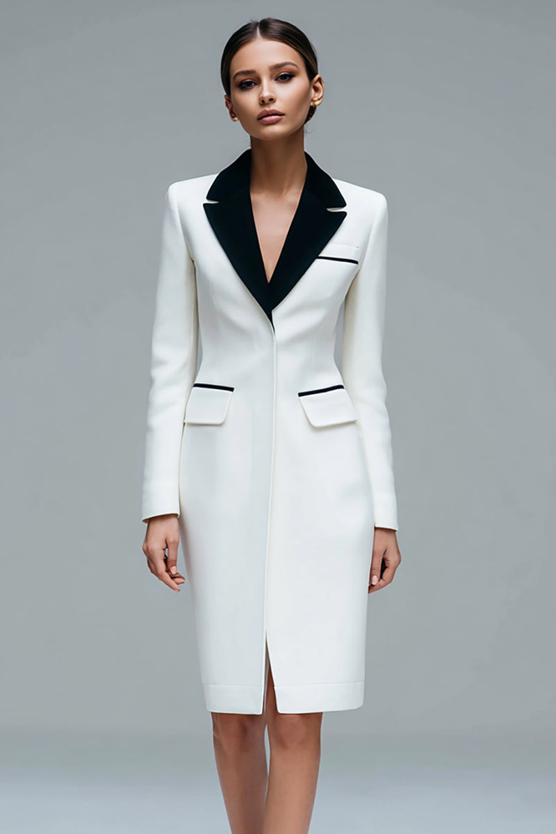 Load image into Gallery viewer, Ivory Satin Peak Lapel Bodycon Short Blazer Dress with Sleeves