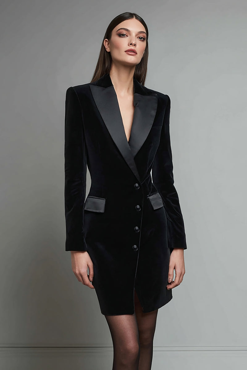 Load image into Gallery viewer, Black Pencil Velvet Shawl Lapel Short Blazer Dress with Sleeves