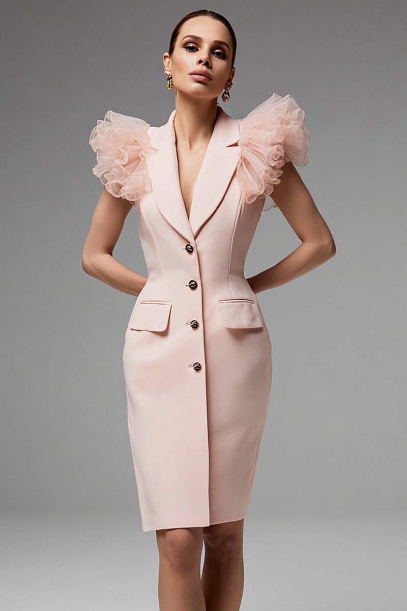 Load image into Gallery viewer, Pink Notched Lapel Pencil Satin Short Blazer Dress with Ruffles