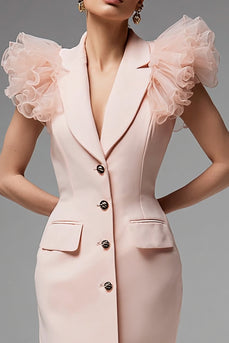 Pink Notched Lapel Pencil Satin Short Blazer Dress with Ruffles