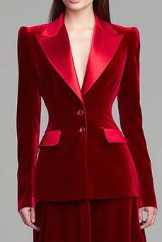 2 Piece Burgundy Velvet Peak Lapel Midi Business Suits with Sleeves