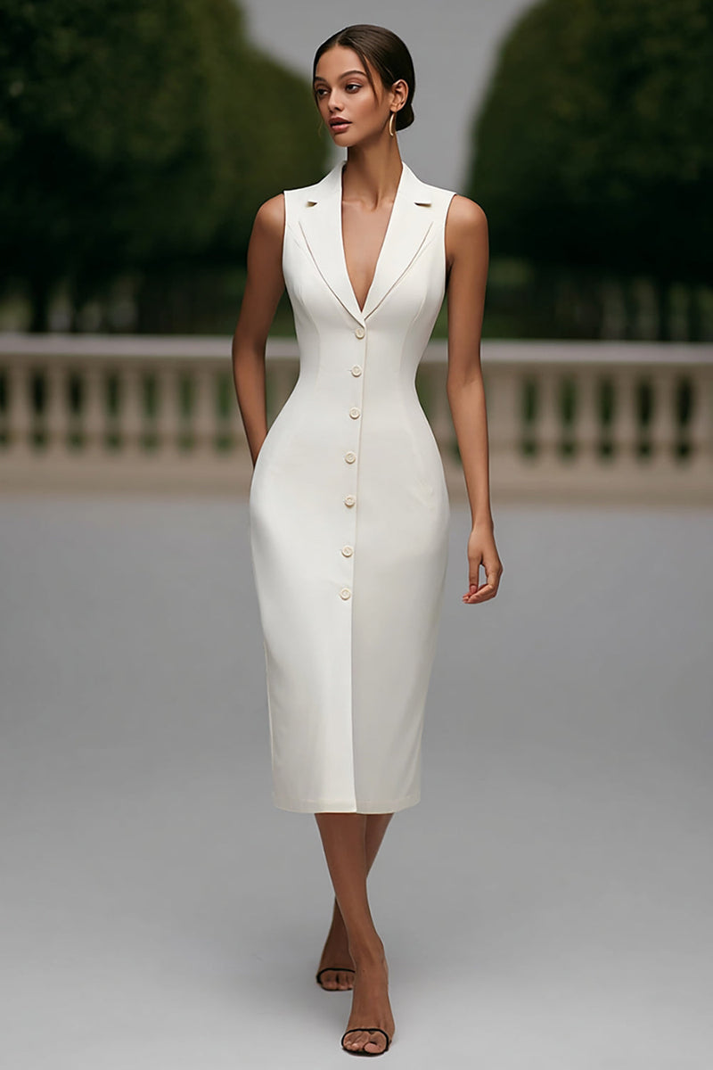 Load image into Gallery viewer, Ivory Single Breasted Satin Notched Lapel Midi Blazer Dress with Pockets