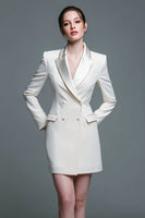 Load image into Gallery viewer, Ivory Double Breasted Satin Peak Lapel Short Blazer Dress with Sleeves