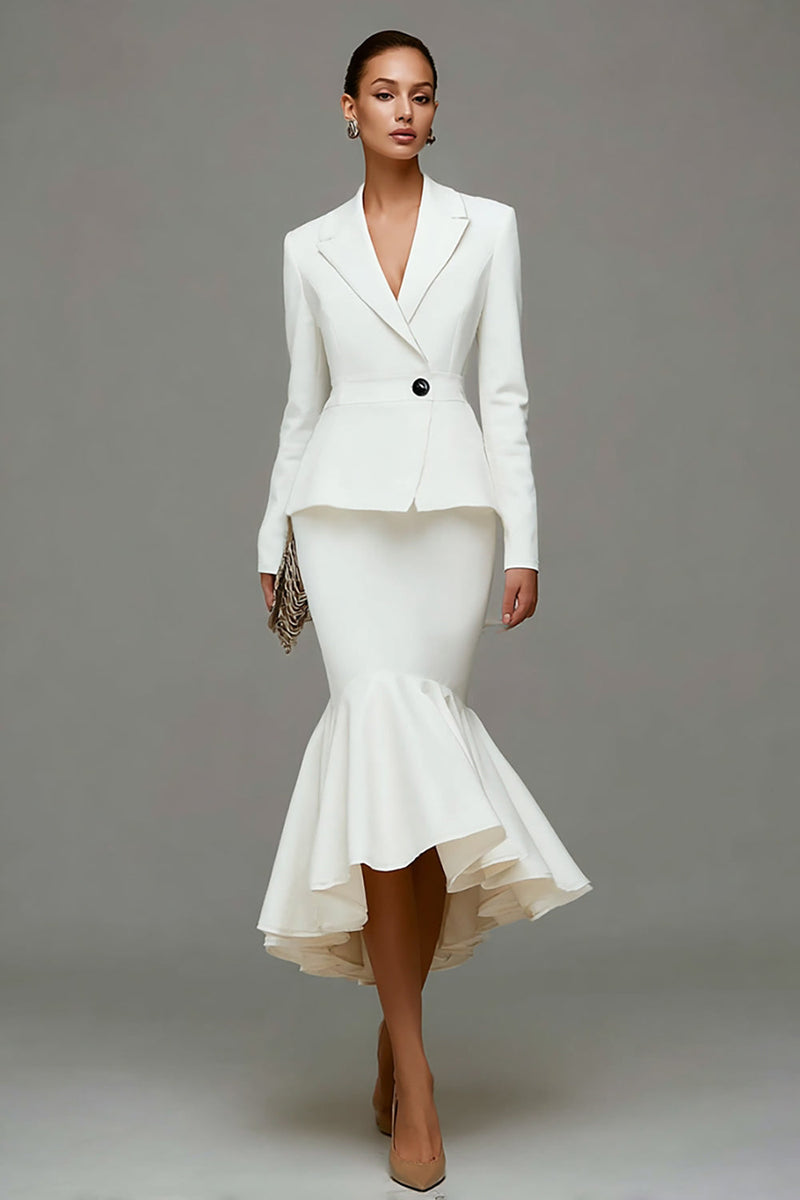 Load image into Gallery viewer, 2 Piece Ivory Satin Notched Lapel Midi Business Suits with Ruffles