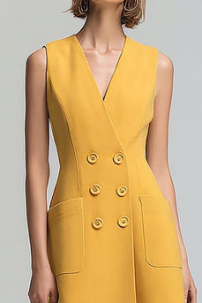 Yellow Satin Double Breasted V-Neck Midi Blazer Dress