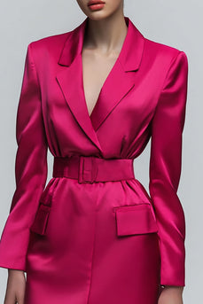 Fuchsia Satin Notched Lapel Short Blazer Dress with Belts