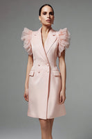 Load image into Gallery viewer, Pink Notched Lapel Double Breasted Short Blazer Dress with Ruffles