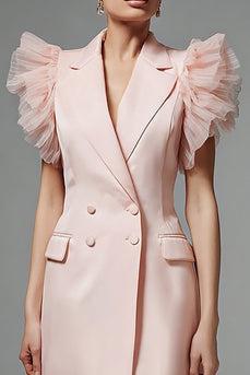 Pink Notched Lapel Double Breasted Short Blazer Dress with Ruffles
