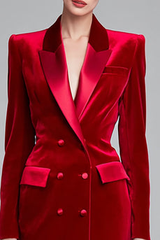 Red Velvet Pencil Peak Lapel Double Breasted Short Blazer Dress with Sleeves