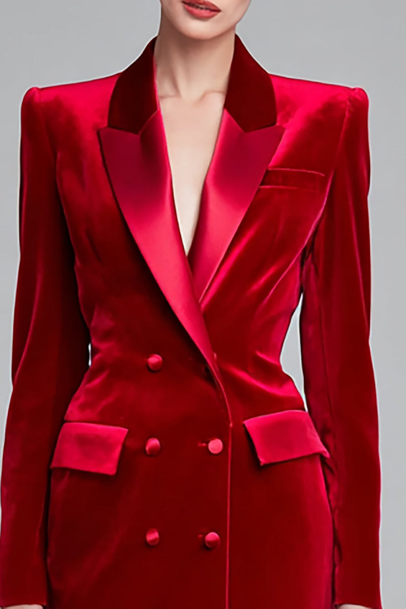 Load image into Gallery viewer, Red Velvet Pencil Peak Lapel Double Breasted Short Blazer Dress with Sleeves