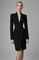 Load image into Gallery viewer, Simple Black Bodycon Long Sleeves Short Blazer Dress with Belts