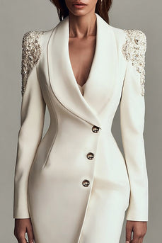 Sparkly Ivory Satin Shawl Lapel Short Pencil Blazer Dress with Sleeves