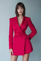 Load image into Gallery viewer, Fuchsia Satin Peak Lapel Short Pencil Blazer Dress with Belts