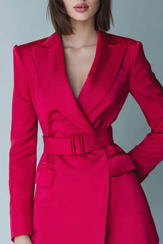 Fuchsia Satin Peak Lapel Short Pencil Blazer Dress with Belts