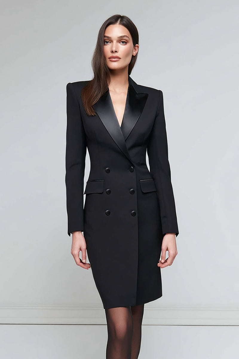 Load image into Gallery viewer, Queendancer Women Black Satin Pencil Midi Blazer Dress Long Sleeves Peak Lapel Double Breasted Work Dress