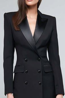 Black Peak Lapel Satin Pencil Double Breasted Midi Blazer Dress with Sleeves