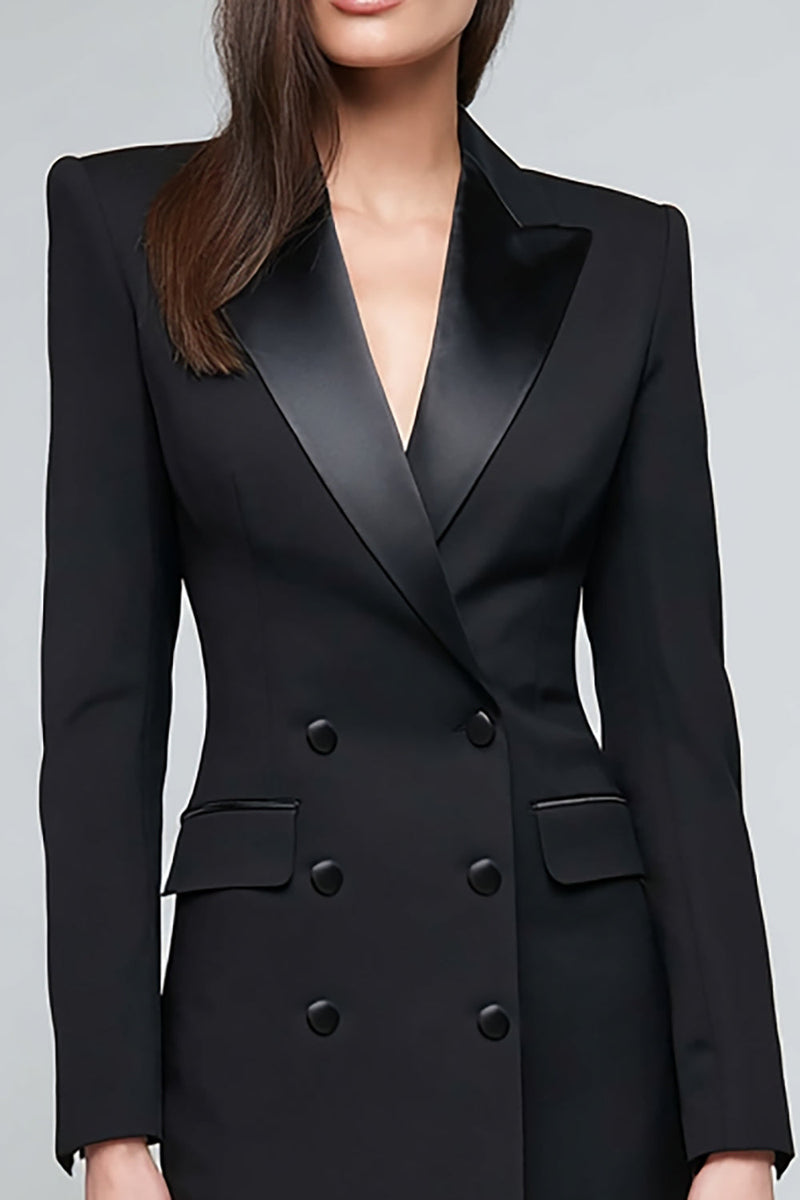 Load image into Gallery viewer, Black Peak Lapel Satin Pencil Double Breasted Midi Blazer Dress with Sleeves