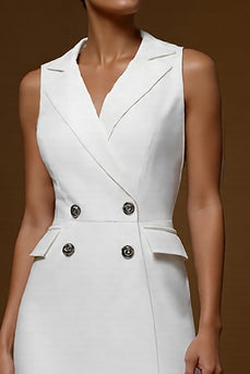 Ivory Notched Lapel Pencil Midi Blazer Dress with Ruffles