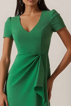 Green Ruffled Ruched Pencil Midi Work Dress with Sleeves