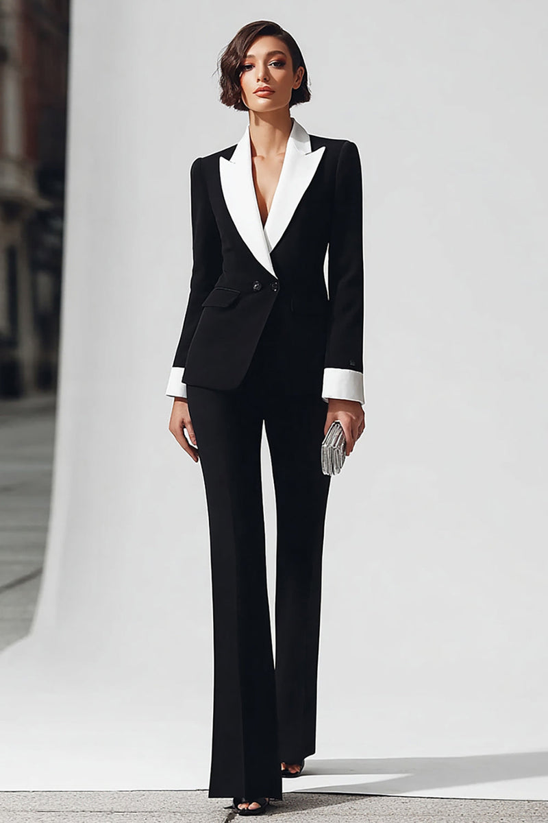 Load image into Gallery viewer, Queendancer Women 2 Piece Black and White Business Suits with Sleeves Peak Lapel Double Breasted Flare Leg Work Suits