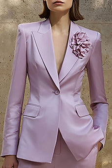2 Piece Lilac Satin Floral Peak Lapel Business Suits with Pockets