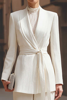 Ivory 2 Piece Shawl Lapel Wide Leg Business Suits with Sash
