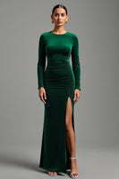 Load image into Gallery viewer, Dark Green Velvet Round Neck Long Holiday Party Dress with Slit
