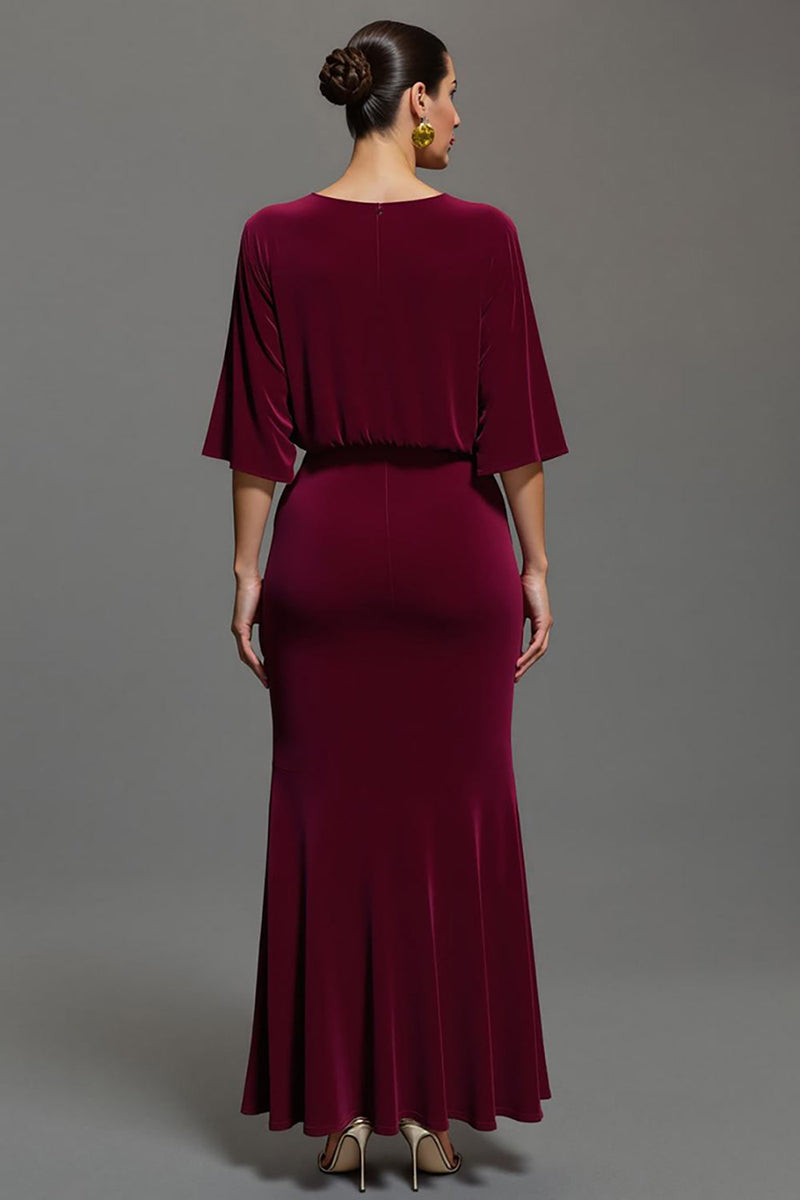 Load image into Gallery viewer, Velvet Burgundy V-Neck Sheath Long Holiday Party Dress with Sleeves