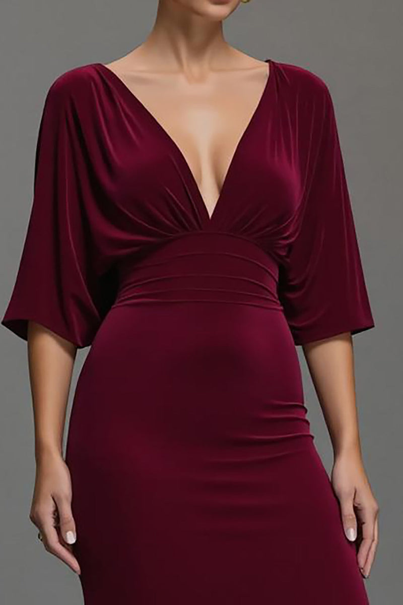 Load image into Gallery viewer, Velvet Burgundy V-Neck Sheath Long Holiday Party Dress with Sleeves