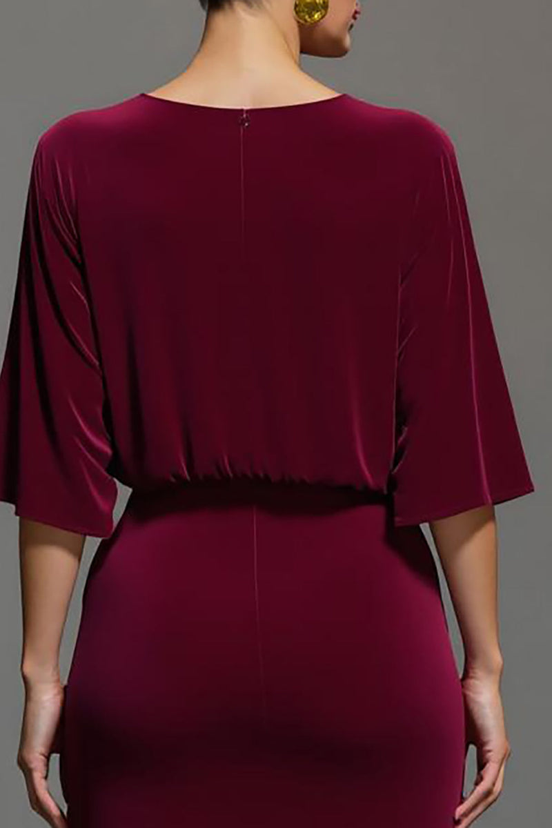 Load image into Gallery viewer, Velvet Burgundy V-Neck Sheath Long Holiday Party Dress with Sleeves