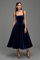 Load image into Gallery viewer, Navy Velvet A Line Square Neck Long Holiday Party Dress