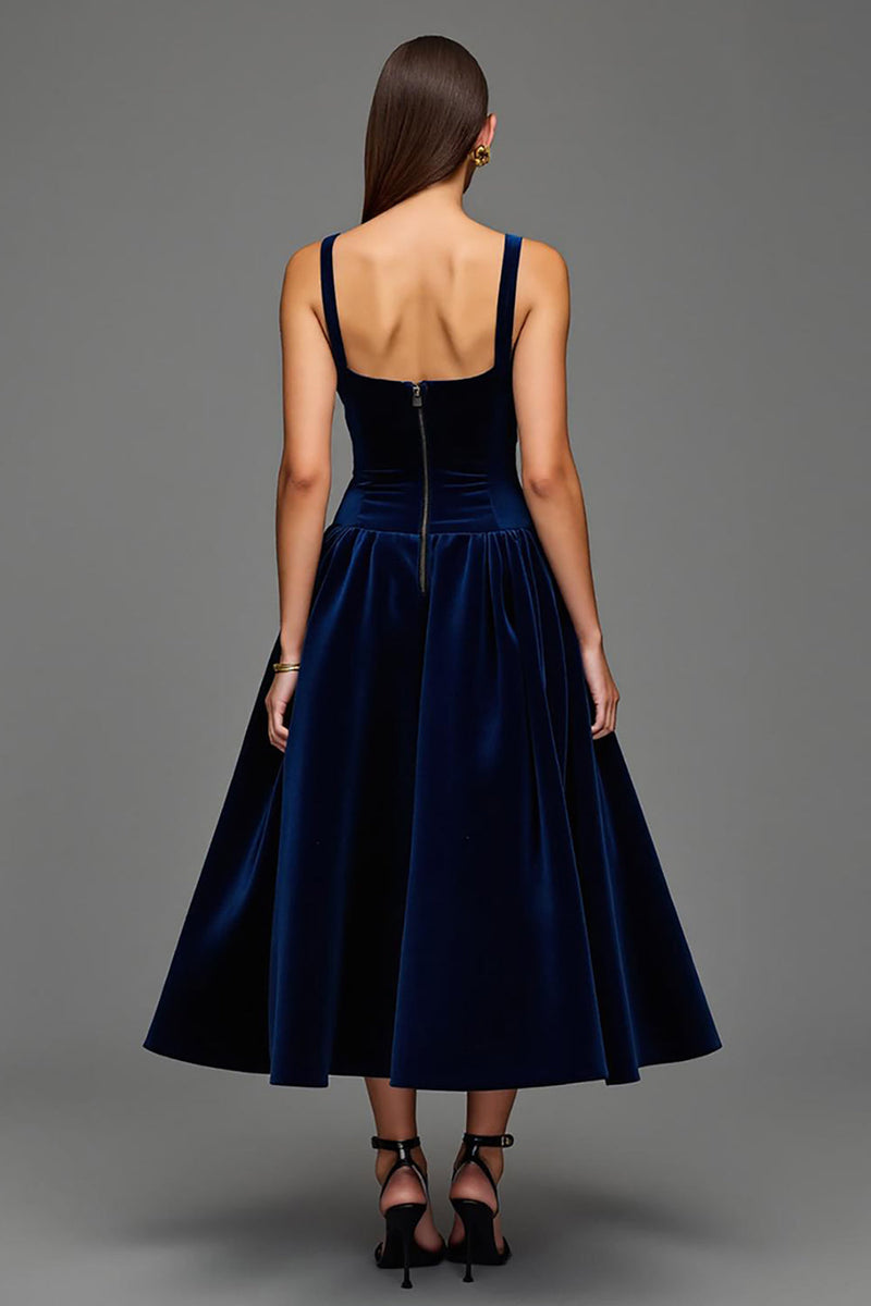 Load image into Gallery viewer, Navy Velvet A Line Square Neck Long Holiday Party Dress