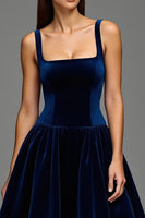 Load image into Gallery viewer, Navy Velvet A Line Square Neck Long Holiday Party Dress