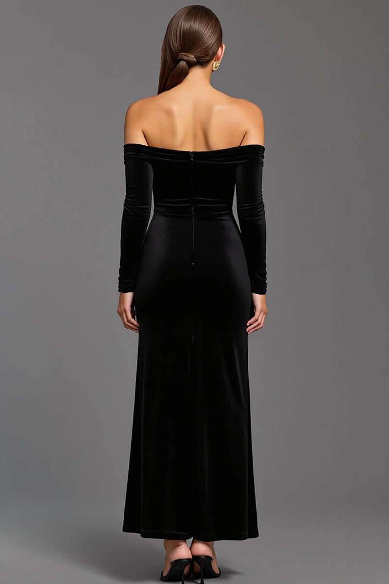 Load image into Gallery viewer, Black Sheath Velvet Off the Shoulder Long Holiday Party Dress