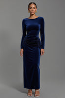Load image into Gallery viewer, Navy Velvet Sheath Boat Neck Long Holiday Party Dress with Sleeves