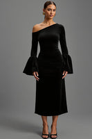 Load image into Gallery viewer, Black Velvet Sheath One Shoulder Long Holiday Party Dress