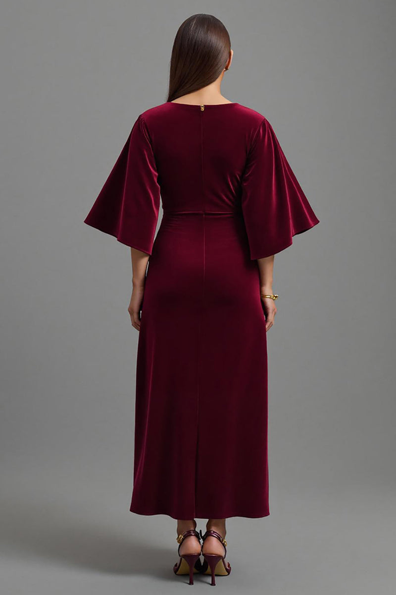 Load image into Gallery viewer, Burgundy Sheath Velvet V-Neck Long Holiday Party Dress with Sleeves