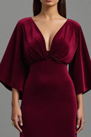 Load image into Gallery viewer, Burgundy Sheath Velvet V-Neck Long Holiday Party Dress with Sleeves