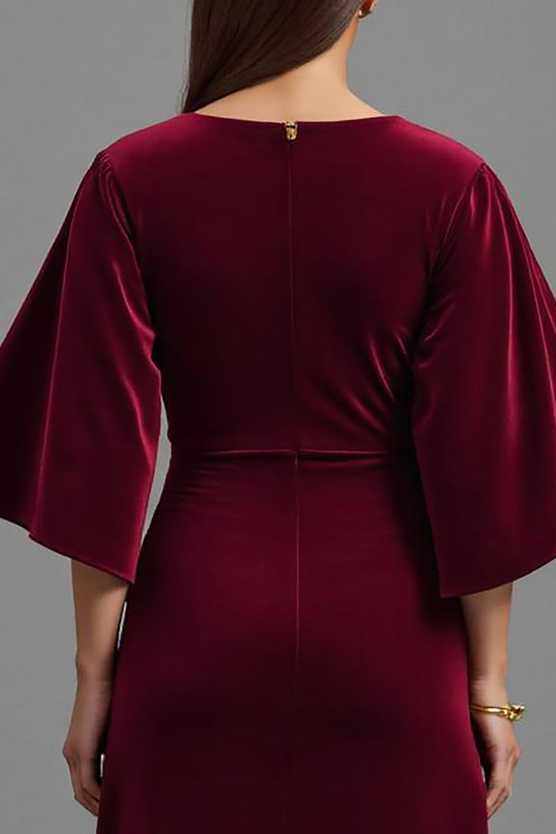 Load image into Gallery viewer, Burgundy Sheath Velvet V-Neck Long Holiday Party Dress with Sleeves