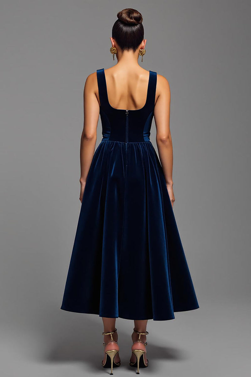 Load image into Gallery viewer, Navy A Line Velvet Square Neck Long Holiday Party Dress