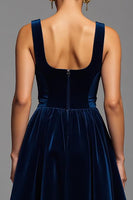 Load image into Gallery viewer, Navy A Line Velvet Square Neck Long Holiday Party Dress