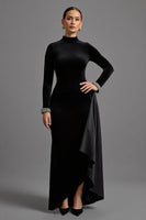 Load image into Gallery viewer, Black Velvet High Neck Long Holiday Party Dress with Sleeves