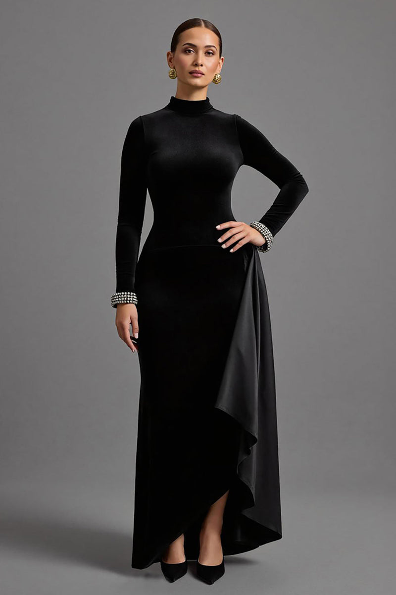 Load image into Gallery viewer, Black Velvet High Neck Long Holiday Party Dress with Sleeves