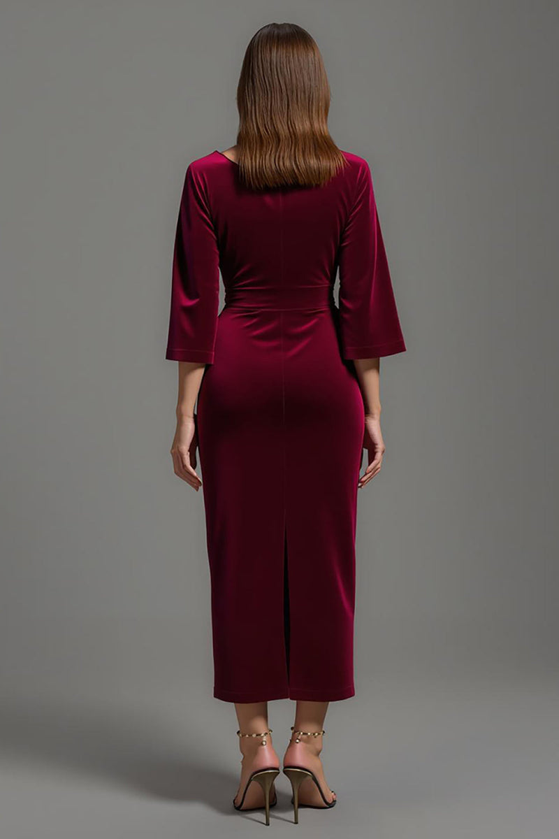 Load image into Gallery viewer, Burgundy Velvet V-Neck Long Holiday Party Dress with Sleeves