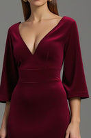 Load image into Gallery viewer, Burgundy Velvet V-Neck Long Holiday Party Dress with Sleeves
