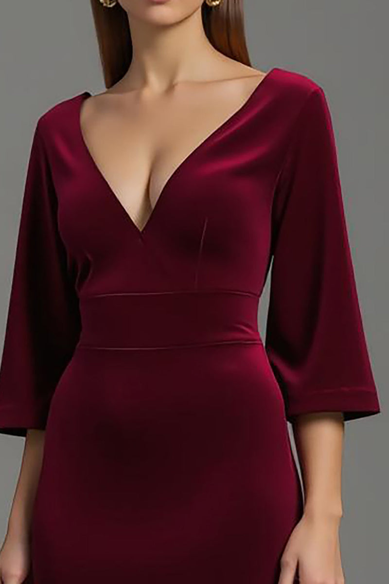 Load image into Gallery viewer, Burgundy Velvet V-Neck Long Holiday Party Dress with Sleeves