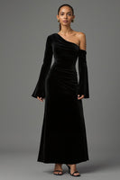 Load image into Gallery viewer, Black Velvet One Shoulder Long Sleeves Holiday Party Dress