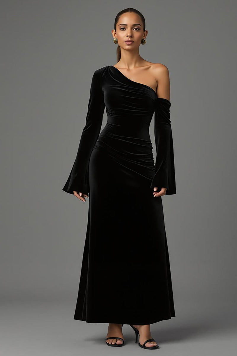 Load image into Gallery viewer, Black Velvet One Shoulder Long Sleeves Holiday Party Dress