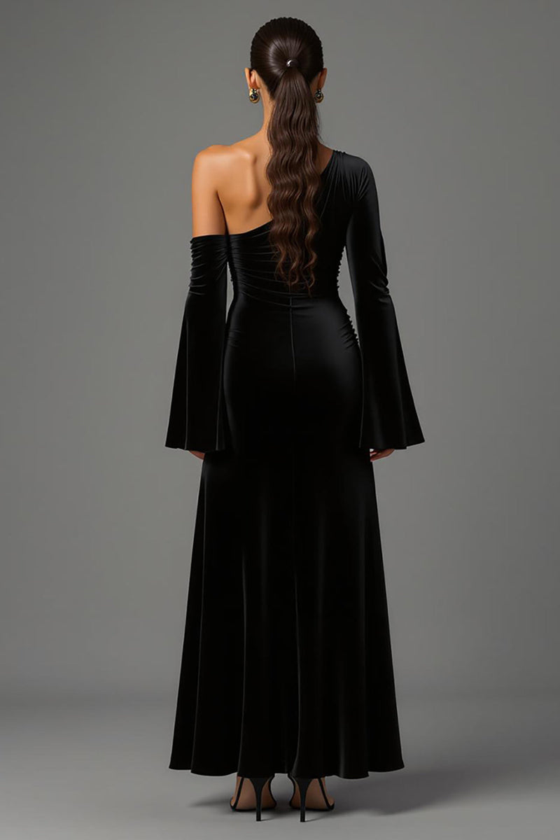 Load image into Gallery viewer, Black Velvet One Shoulder Long Sleeves Holiday Party Dress
